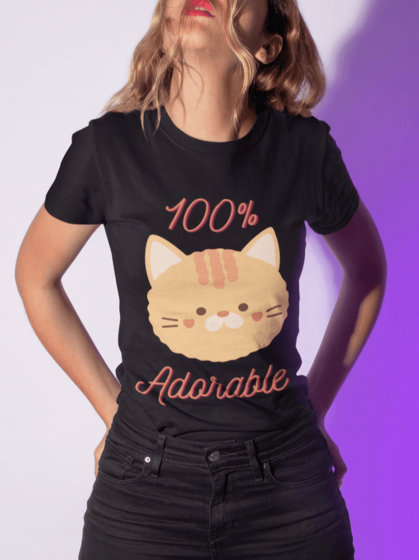 Cute Funny Cartoon Cat 100% Adorable Adult Unisex T-Shirt, Humor Joke Tee Shirt by Miller's Manic Menagerie 1.png MillersMMMerch