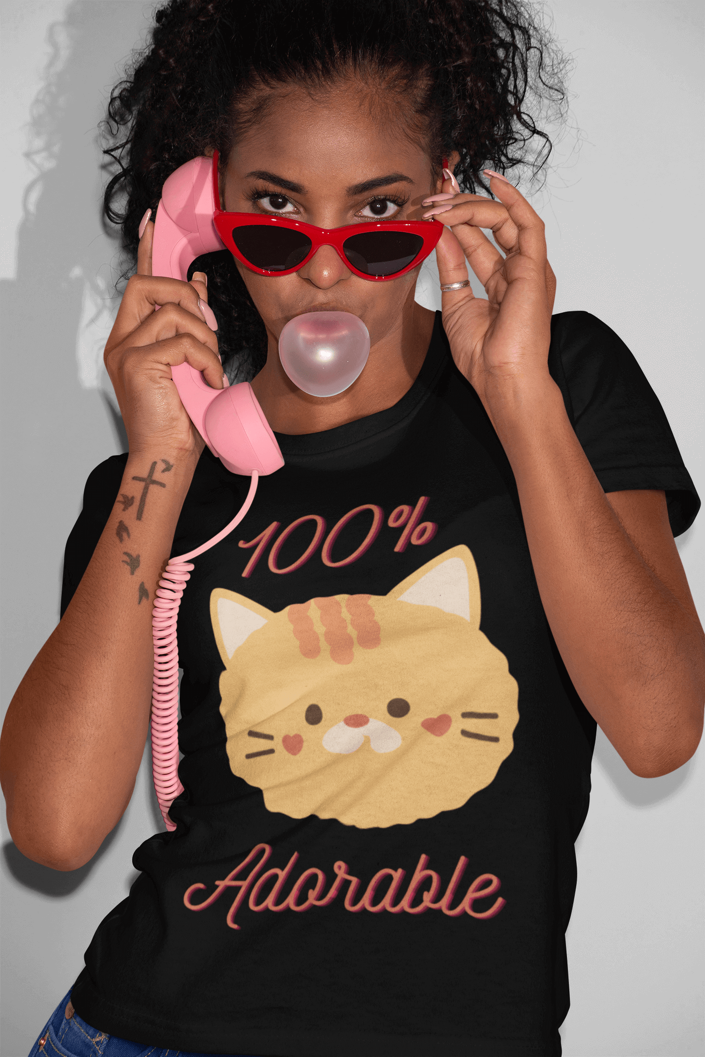 Cute Funny Cartoon Cat 100% Adorable Adult Unisex T-Shirt, Humor Joke Tee Shirt by Miller's Manic Menagerie 2.png MillersMMMerch