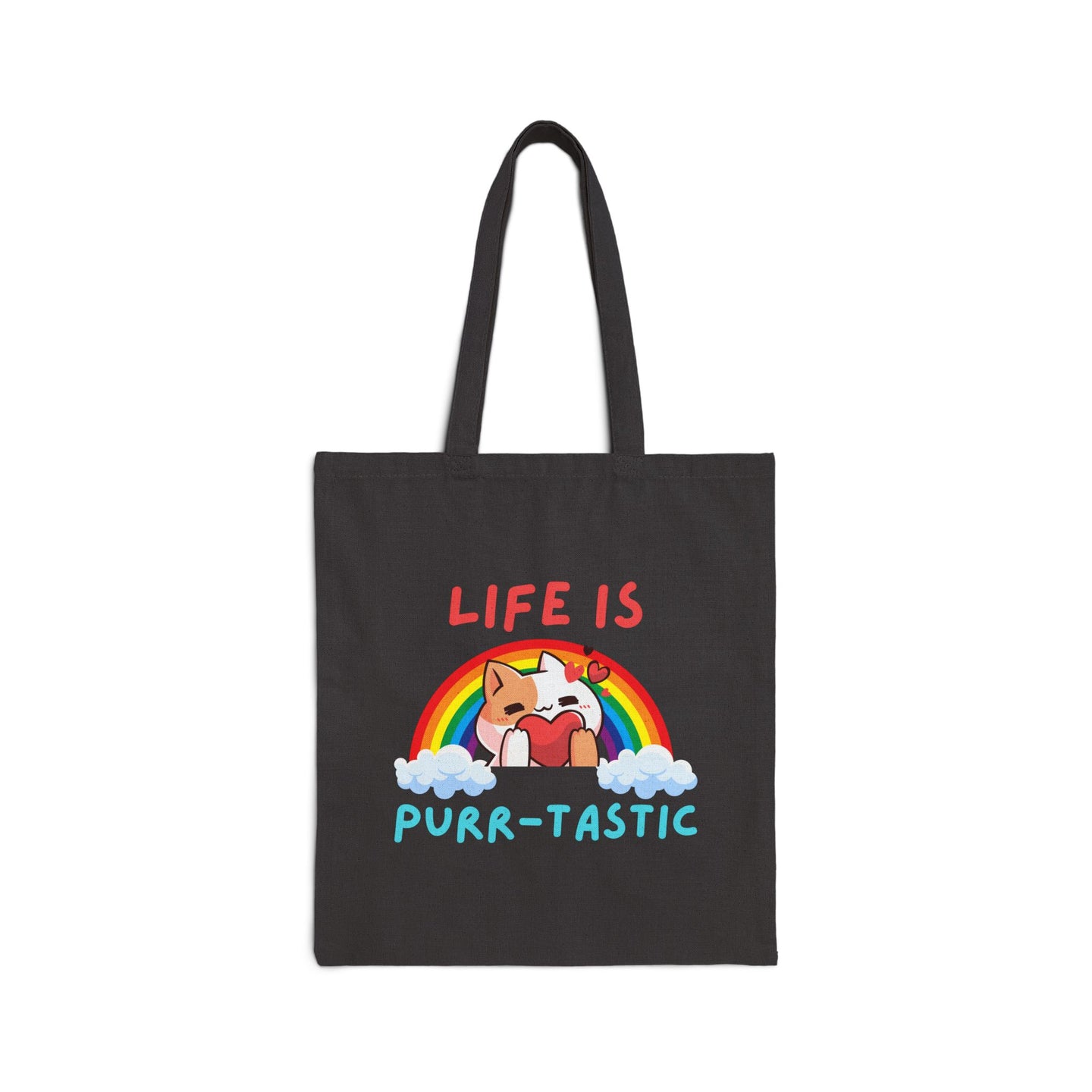 Miller's Manic Menagerie Cartoon Cat Slogan Cotton Canvas Tote Bag, Meow Kitty Kitten Purr Mew Fluff Shop Sturdy Handle Pouch