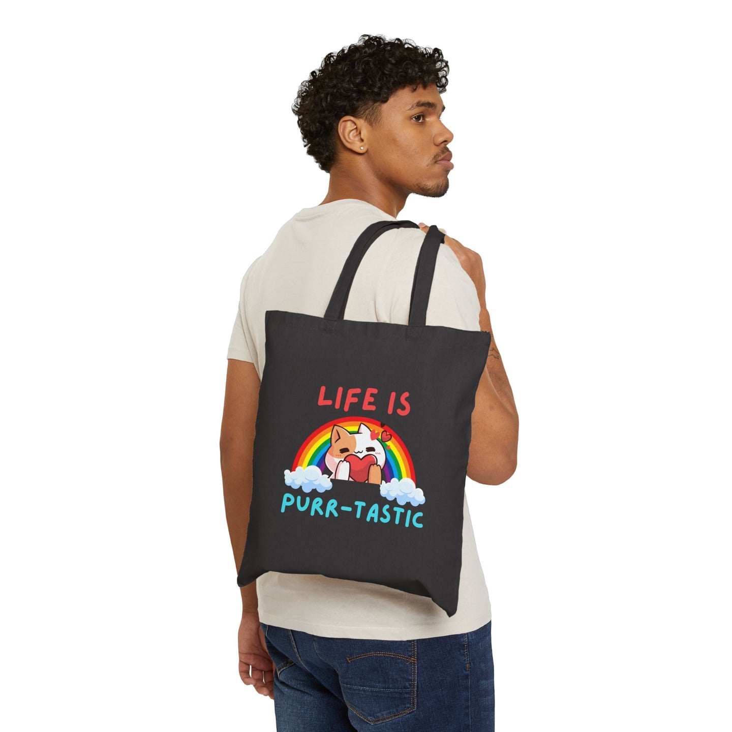 Miller's Manic Menagerie Cartoon Cat Slogan Cotton Canvas Tote Bag, Meow Kitty Kitten Purr Mew Fluff Shop Sturdy Handle Pouch