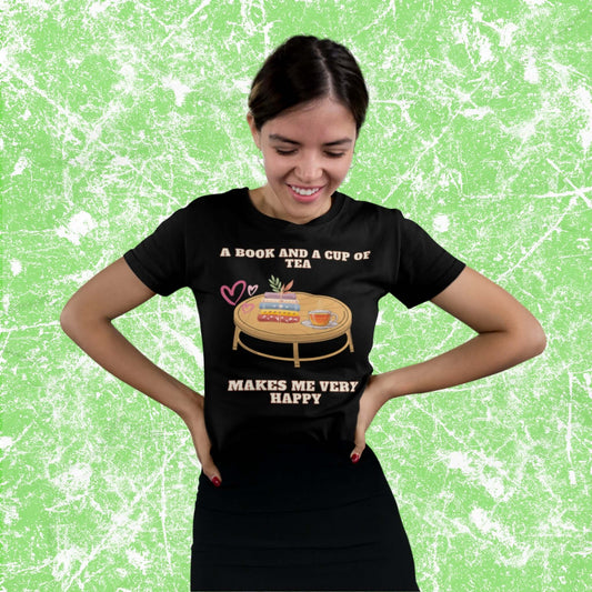 BookAndTeaMakesMeHappyAdultUnisexT-Shirt_LiteratureSloganPhraseTeeShirtbyMiller_sManicMenagerie1.jpg Miller's Manic Menagerie