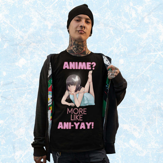 Ani-YayFunnyKawaiiAnimePunPhraseAdultUnisexT-Shirt_OtakuHumorJokeTeeShirtbyMiller_sManicMenagerie1.jpg Miller's Manic Menagerie
