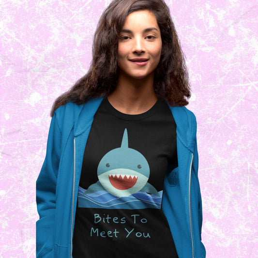 BitestoMeetYouFunnyCartoonAdultUnisexT-Shirt_HumorSharkJokeTeeShirtbyMiller_sManicMenagerie1.jpg Miller's Manic Menagerie