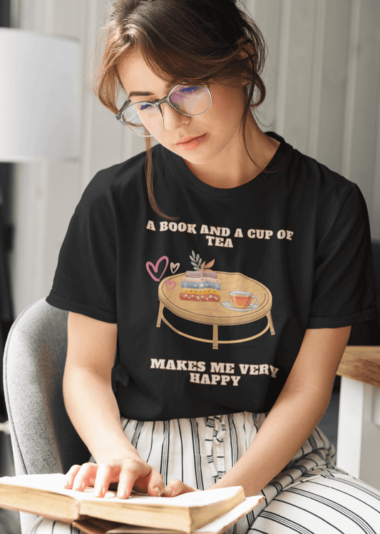 Book And Tea Makes Me Happy Adult Unisex T-Shirt, Literature Slogan Phrase Tee Shirt by Miller's Manic Menagerie 1.png MillersMMMerch