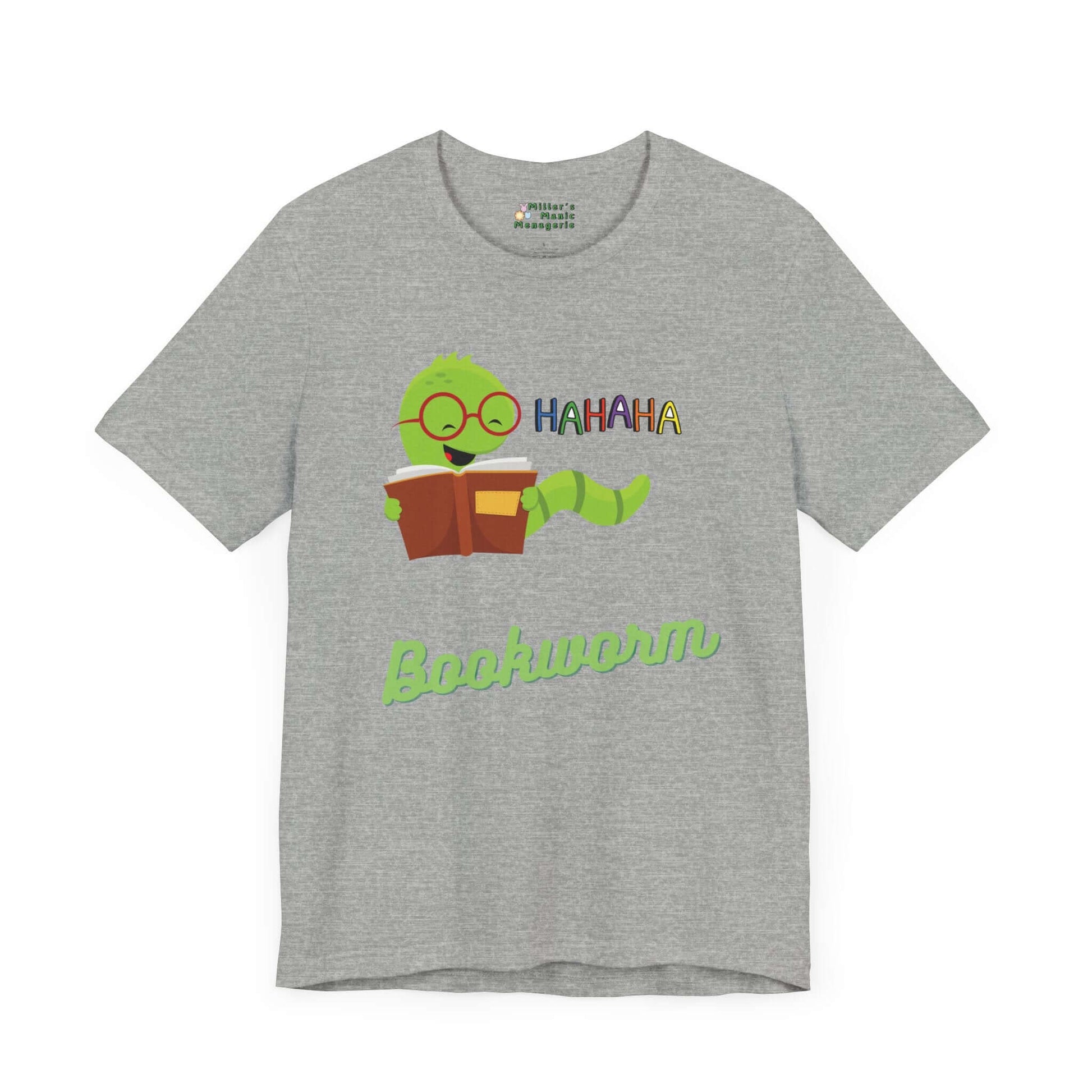 Bookworm_Cute_Funny_Cartoon_Adult_Unisex_T-Shirt_Humor_Literature_Joke_Tee_Shirt_by_Miller_s_Manic_Menagerie_Athletic_Heather_Front.jpg Miller's Manic Menagerie
