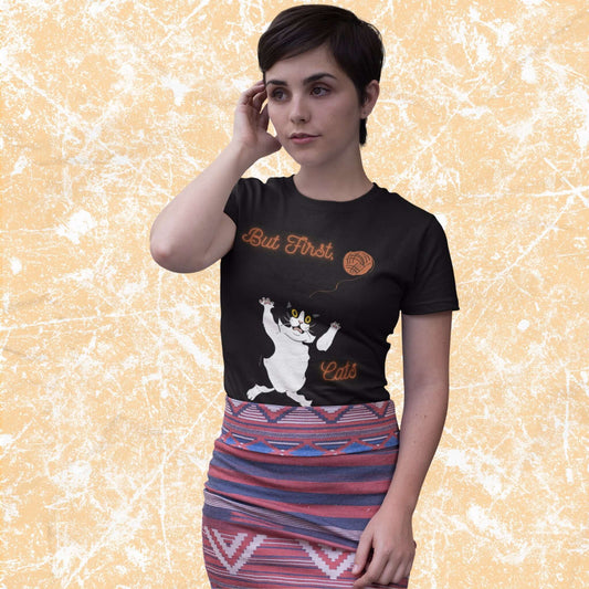ButFirst_CatsFunnyCartoonPhraseAdultUnisexT-Shirt_HumorJokeTeeShirtbyMiller_sManicMenagerie1.jpg Miller's Manic Menagerie