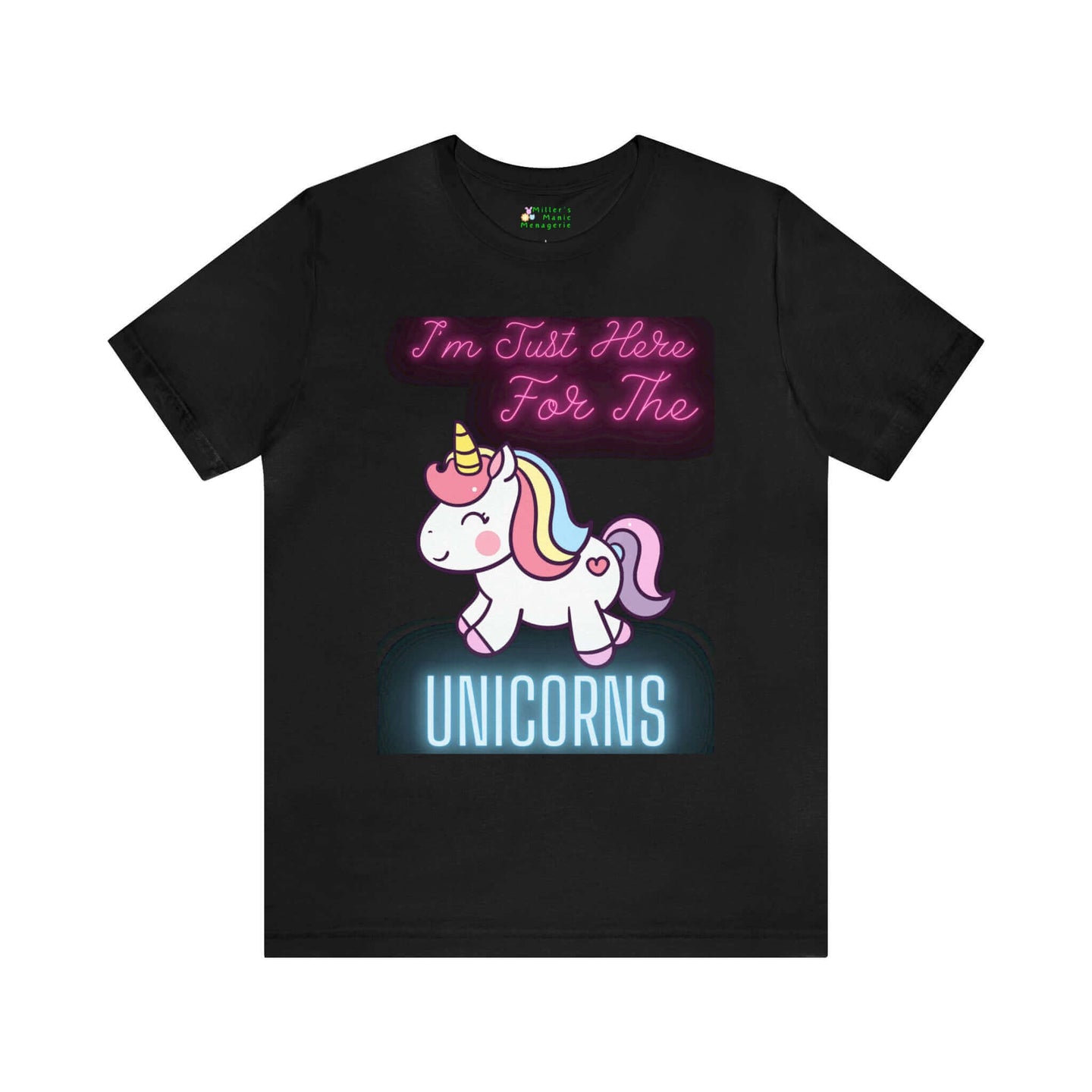 Miller_s_Manic_Menagerie_Funny_Cartoon_Unicorn_Humor_Adult_Unisex_T-Shirt_Just_Here_Gag_Gift_Laugh_Dad_Joke_Pun_Prank_Tee_Black.jpg MillersMMMerch