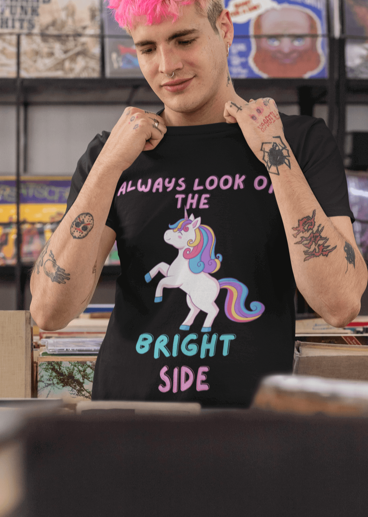 Miller_s_Manic_Menagerie_Cartoon_Slogan_Rainbow_Unicorn_Adult_Unisex_T-Shirt_Pony_Happy_Pride_LGBTQ_Uplifting_Joy_Tee_2.png MillersMMMerch