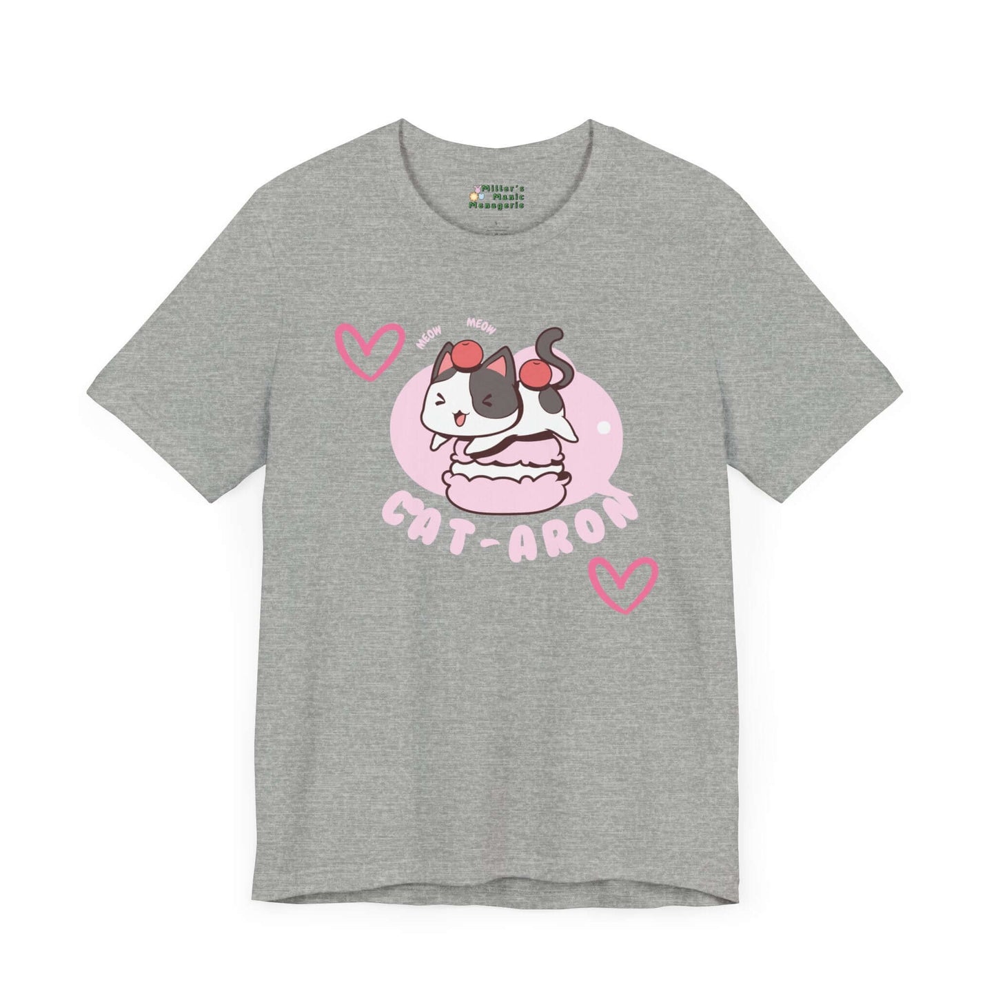 Cat-aron_Funny_Cartoon_Macaron_Adult_Unisex_T-Shirt_Humor_Kitty_Joke_Tee_Shirt_by_Miller_s_Manic_Menagerie_Athletic_Heather_Front.jpg Miller's Manic Menagerie