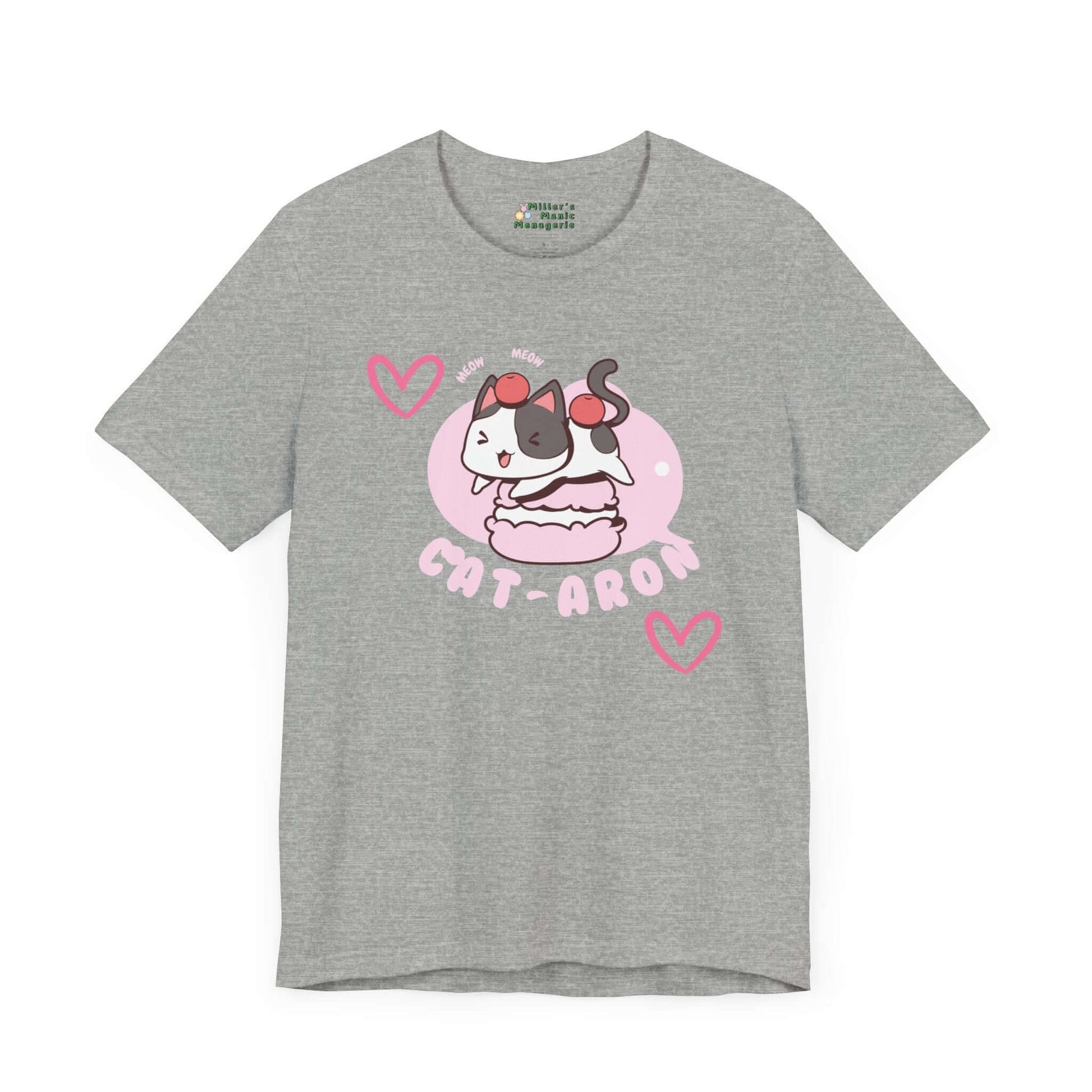 Cat-aron_Funny_Cartoon_Macaron_Adult_Unisex_T-Shirt_Humor_Kitty_Joke_Tee_Shirt_by_Miller_s_Manic_Menagerie_Athletic_Heather_Front.jpg Miller's Manic Menagerie