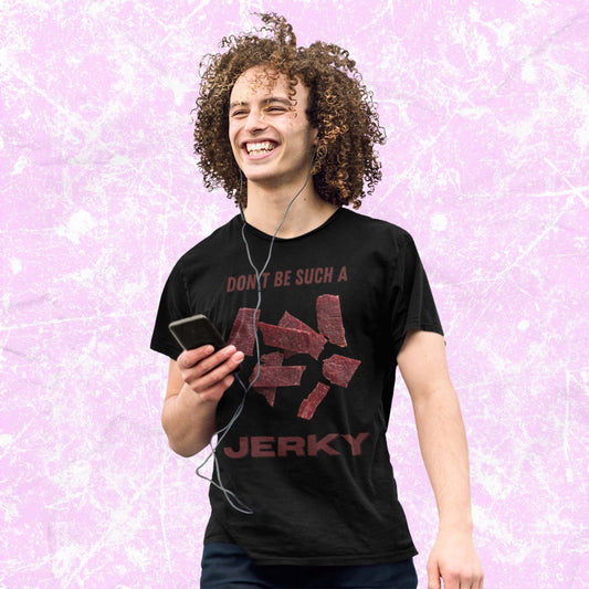 Don_tBeAJerkyFunnyCartoonMeatAdultUnisexT-Shirt_FoodHumorBeefLoverJokeTeeShirtbyMiller_sManicMenagerie1.jpg Miller's Manic Menagerie