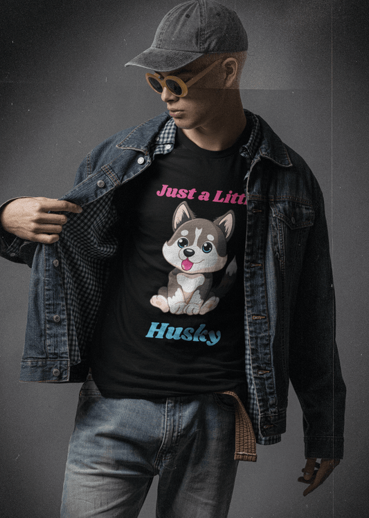 Funny Just A Little Husky Cartoon Dog Adult Unisex T-Shirt, Humor Joke Tee Shirt by Miller's Manic Menagerie 1.png MillersMMMerch