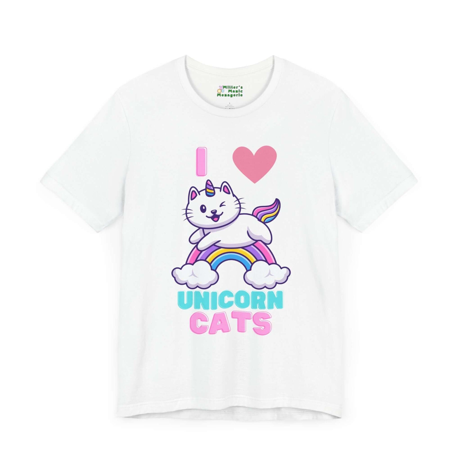 Love_Unicorn_Cats_Cartoon_Rainbow_Adult_Unisex_T-Shirt_Cute_Pet_Kitty_Tee_Shirt_by_Miller_s_Manic_Menagerie_White_Front.jpg Miller's Manic Menagerie