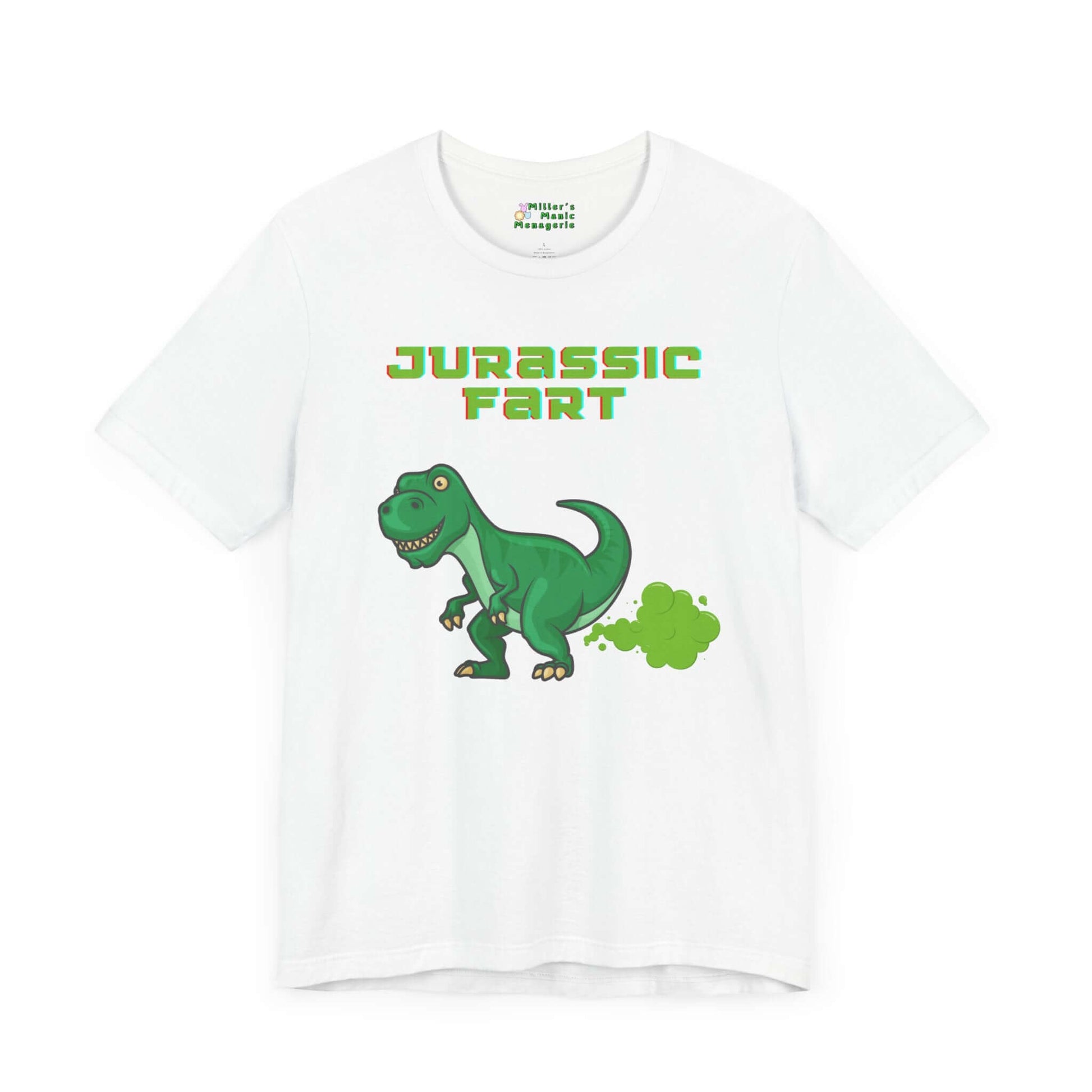 Jurassic_Fart_Funny_Cartoon_T-Rex_Adult_Unisex_T-Shirt_Dinosaur_Humor_Fart_Joke_Tee_Shirt_by_Miller_s_Manic_Menagerie_White_Front.jpg Miller's Manic Menagerie