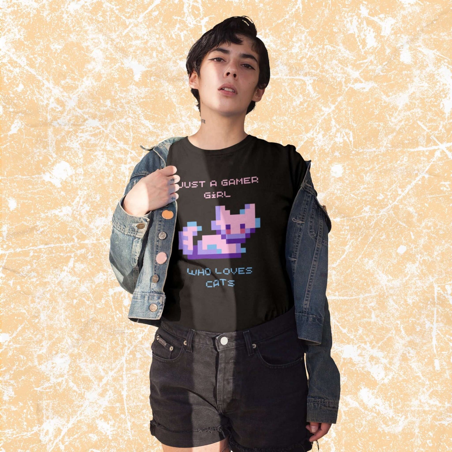 JustAGamerGirlWhoLovesCatsSayingAdultUnisexT-Shirt_8-BitPetPhraseTeeShirtbyMiller_sManicMenagerie1.jpg Miller's Manic Menagerie