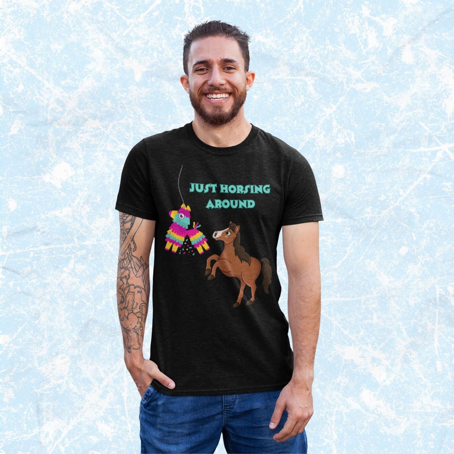 JustHorsingAroundFunnyCartoonPunAdultUnisexT-Shirt_PinataHumorJokeTeeShirtbyMiller_sManicMenagerie1.jpg Miller's Manic Menagerie