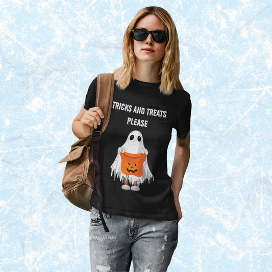 TricksAndTreatsHalloweenCartoonGhostAdultUnisexT-Shirt_CandyCostumeTeeShirtbyMiller_sManicMenagerie1.jpg Miller's Manic Menagerie